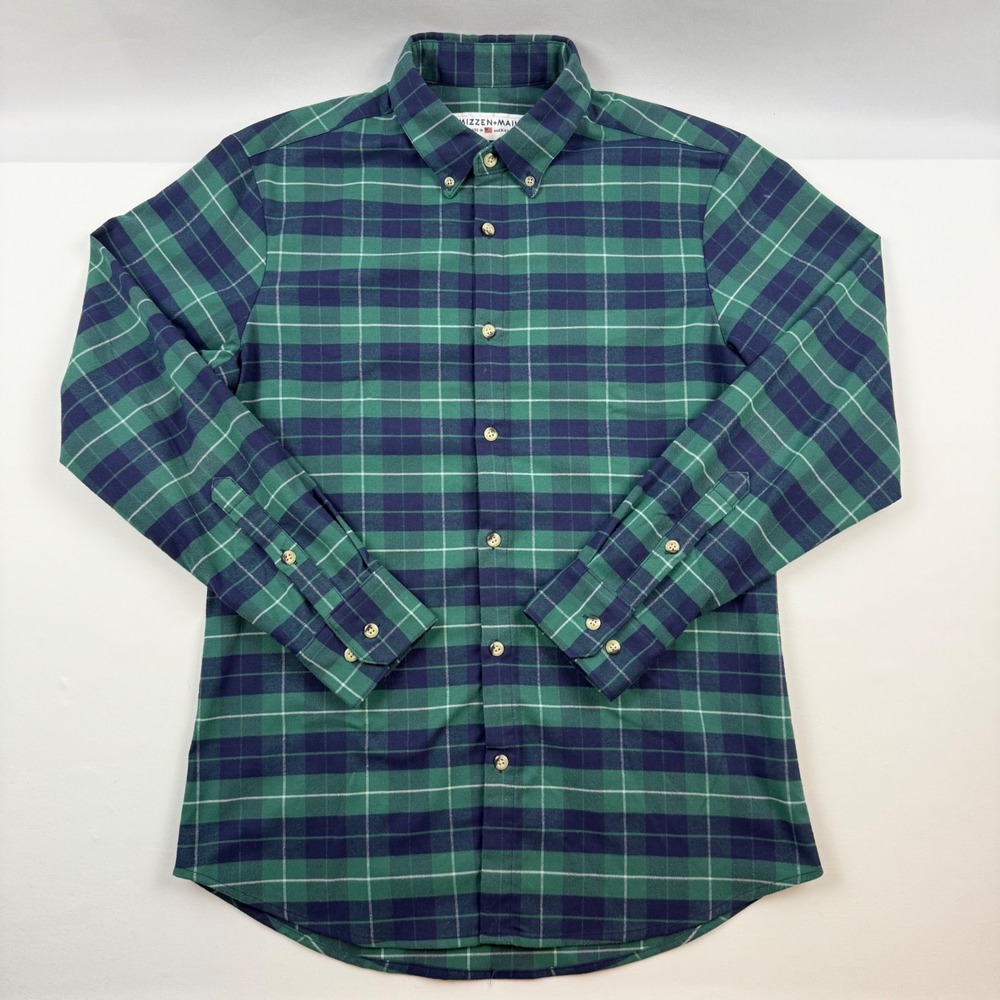 Mizzen+Main Mens Medium Trim Fit Plaid Performance Button Down Shirt Green Navy